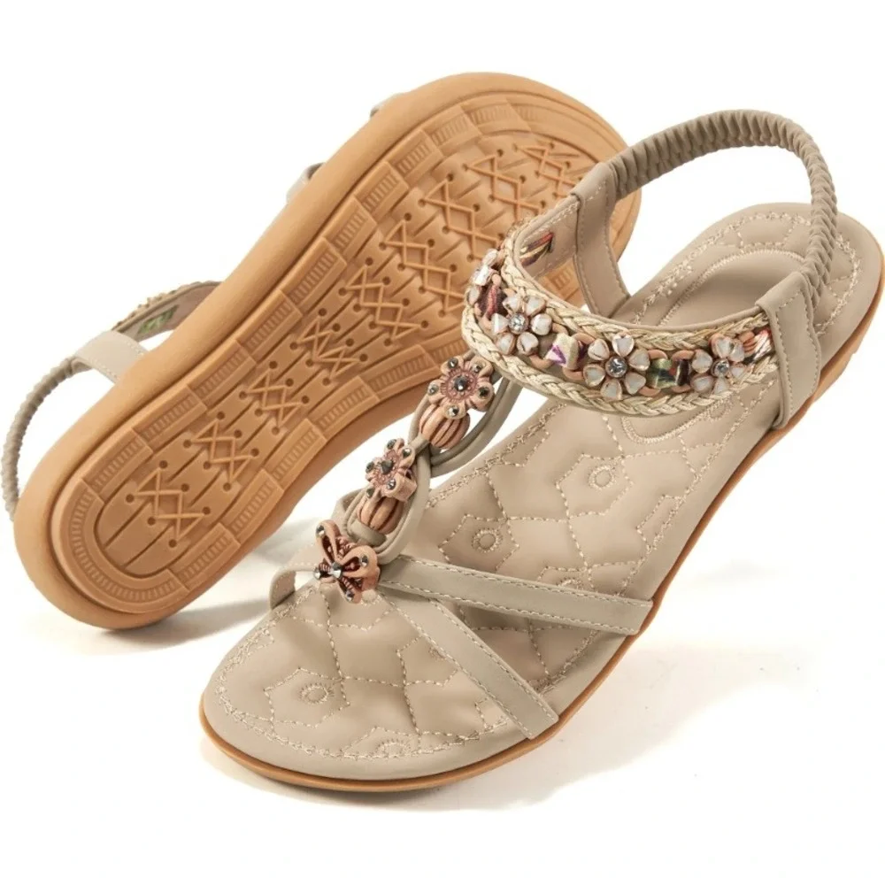 Boho Beaded Floral Butterfly Sandals Beige Elastic Slingback Flat Size 11 NEW‎